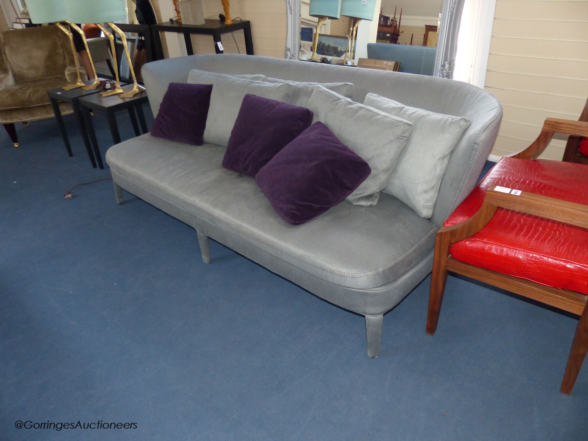 A pair of Maxalto Febo grey fabric sofas designed by Antonio Citterio, 222 cm wide, various scatter cushions